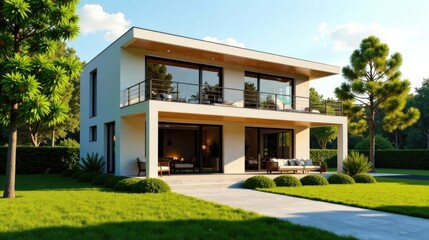 Modern Two-Story House with Expansive Deck and Lush Landscaping, Ideal for Family Living