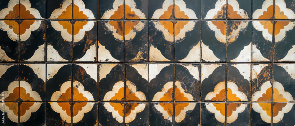 Poster Unique geometric tile design with a black and orange patterned background enhancing any space