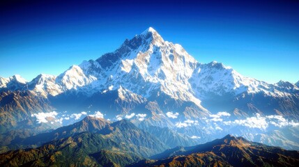 Fototapeta premium Majestic Snow-Capped Mountain Peak Overlooking Lush Green Valleys and Blue Sky, Breathtaking Landscape Photography for Nature Enthusiasts
