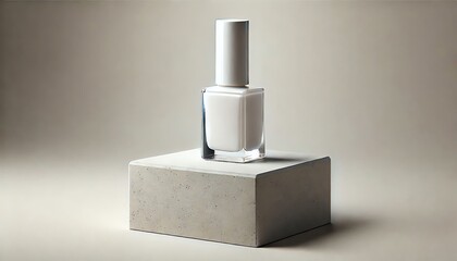 Sleek white nail polish bottle on a textured concrete podium.