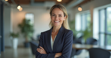 Fototapeta premium Portrait of a professional woman in a suit standing in a modern office. Mature business woman looking at the camera in a workplace meeting area