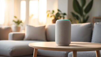a compact, cylindrical smart speaker with a textured mesh fabric covering. The speaker is placed on a wooden coffee table, with soft morning light filtering through a window. 