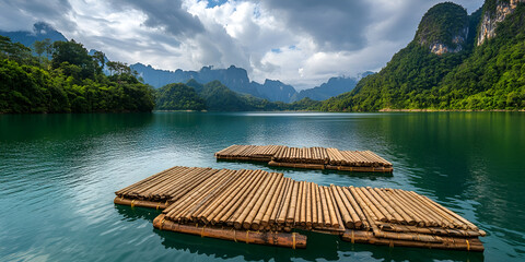 Floating Wooden Platforms on a Scenic Lake Travel Destination Idea. 
