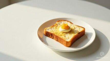 A single slice of toasted bread, topped with a dollop of creamy spread and a vibrant citrus fruit preserve, sits on a pristine white plate bathed in sunlight.