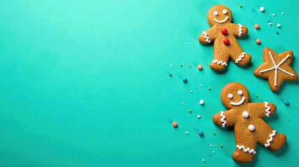 Fototapeta premium Delightful Festive Gingerbread Men and Star Cookie Arrangement on a Teal Background