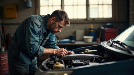 A Focused Mechanic Carefully Inspecting a Vehicle's Engine Compartment During Routine Maintenance in a Well-Equipped Workshop