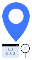 Large blue location pin, digital networking icon with user silhouettes in a browser, magnifying glass over a growth chart. Ideal for technology, networking, teamwork, marketing, analytics, planning