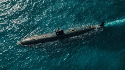 Obraz premium Submarine: Deep Ocean Vessel, Aerial View, Dramatic Teal Waters