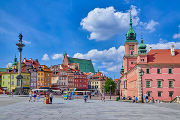 Castle square in historic old town Warsaw with the King Zygamunt column and the royal castle,...