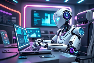 Artificial intelligence robot using laptop neon light futuristic technology 3d illustration banner, GPT chatbot icon. Artificial intelligence, trendy technology, support service,
