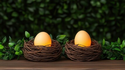 Lanterns designed as tiny bird nests with glowing eggs inside, adding a rustic charm to a countryside Easter event