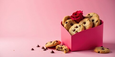 A heart-shaped box overflowing with delicious chocolate chip cookies and a single vibrant red rose, a sweet and romantic treat