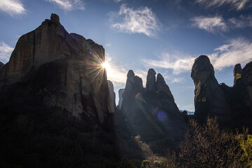 The mountains of Meteora. Amazing landscape with the cliffs and rocks from Meteora during a day with blue wky and spectacular clouds. Travel to Greece.