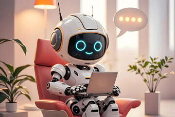 Naklejka premium Artificial intelligence robot using laptop neon light futuristic technology 3d illustration banner, GPT chatbot icon. Artificial intelligence, trendy technology, support service,