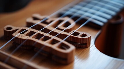 Close-up of a Unique Wooden Guitar Bridge Detail