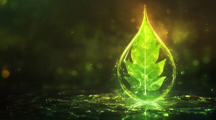 Biofuel energy concept with a glowing green drop and leaf in a modern design.