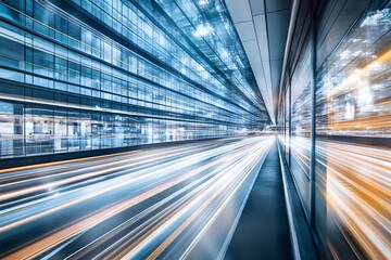 City night, speeding cars, glass building, light trails, urban transport