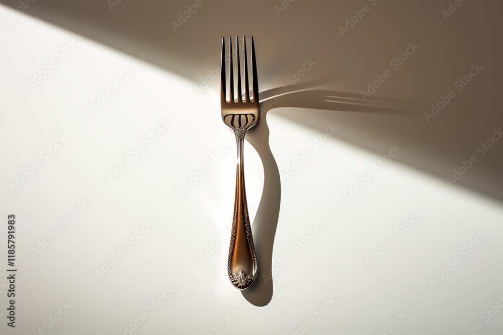 Poster unique fork casting shadows in soft light on a serene surface. generative ai