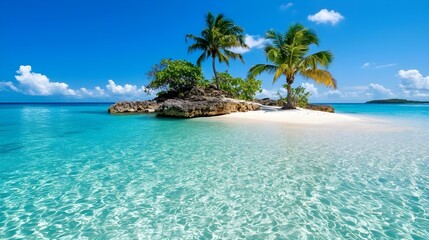 Fototapeta premium A serene tropical island with clear turquoise waters, sandy shores, and palm trees under a bright blue sky, perfect for relaxation and escape.