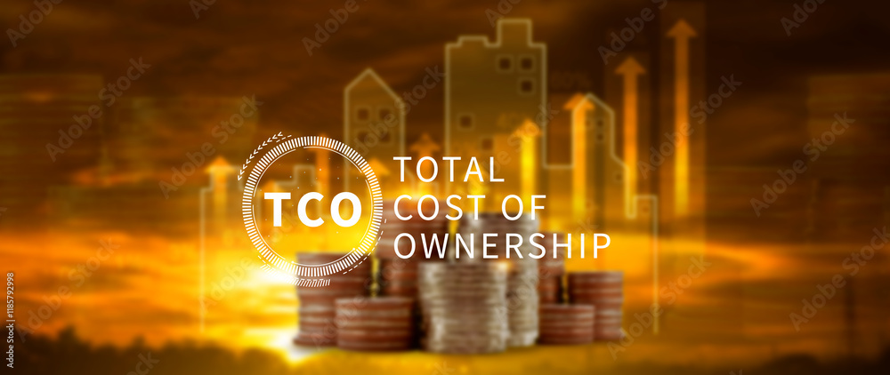 Poster tco concept. total cost of ownership, purchase price of an asset plus the costs of operation, busine