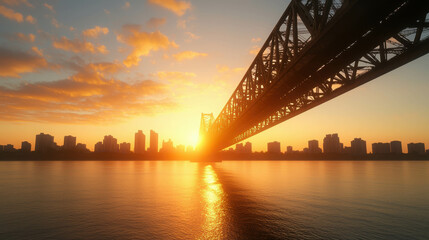 Massive Suspension Bridge at Sunset with Intertwined Steel Structure