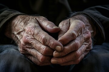 Close up of wrinkled hands of a senior adult resting peacefully on their lap, conveying a sense of age, experience, and tranquility