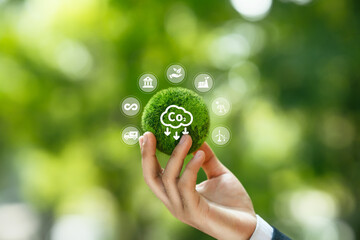 Carbon emission reduce, Green business responsibility sustainable environment development for net zero, Low carbon economy concept. Co2, Carbon footprint report and carbon neutral or offset.