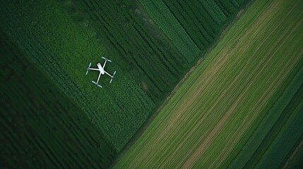 Drone Surveying Lush Green Fields: An Aerial View