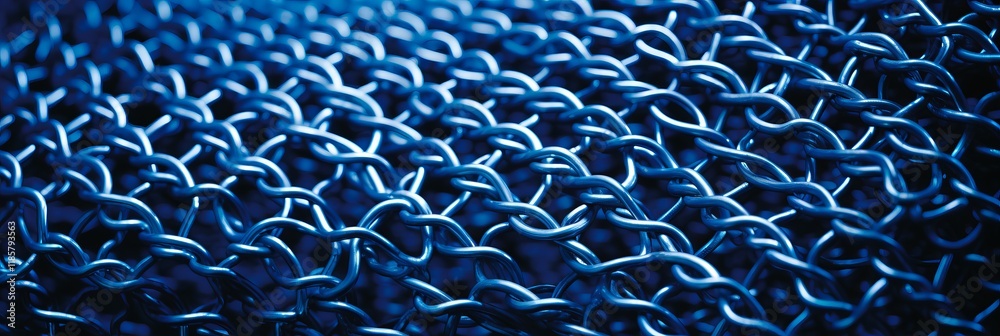 Poster intricate web of metallic links glimmering under subtle light at twilight. generative ai