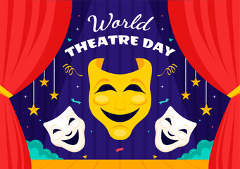 World Theatre Day Vector Illustration featuring Comedy and Tragedy Masks, Red Curtains, and Elements Celebrating Performing Arts and Entertainment