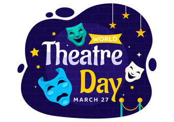 World Theatre Day Vector Illustration featuring Comedy and Tragedy Masks, Red Curtains, and Elements Celebrating Performing Arts and Entertainment