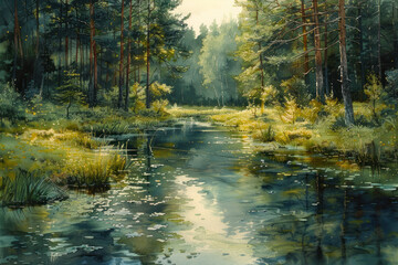 small river with forest, trees along the banks, summer landscape, watercolor,.    Generative AI
