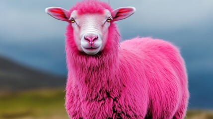 Sheep with a pink face stands in a field. The sheep is a mix of pink and white, and its face is the...