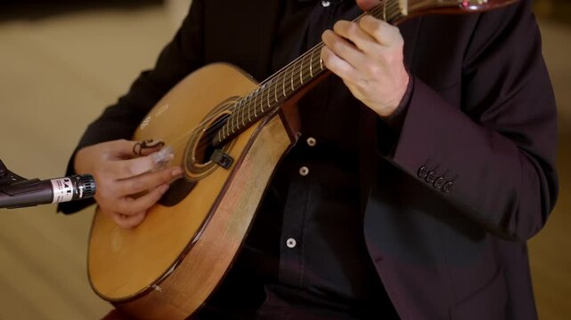 Musician playing the Portuguese guitar, embodying the soul of traditional Fado music