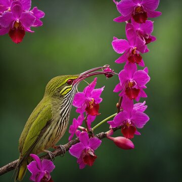 A rare streaked spiderhunter sipping nectar from a vivid pink orchid.