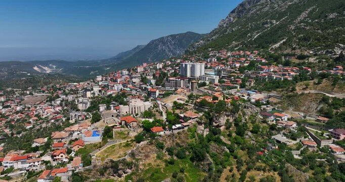 Aerial view orbiting the Castle of Kruja, sunny day in Kruj&euml;, Albania