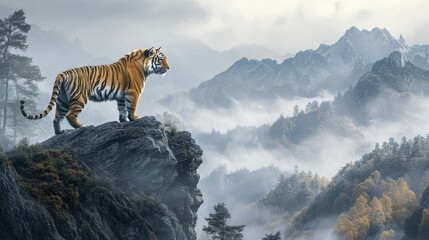 majestic tiger standing on a high cliff edge, looking out over a vast mountain range shrouded in mist.