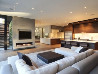 Fototapeta premium Modern Living Room Design With Fireplace And Kitchen