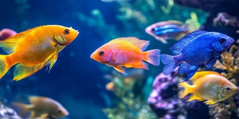 Fototapeta premium Cichlids thriving in a community aquarium setting, showcasing vibrant colors and interesting behaviors. Observe these captivating cichlids interacting harmoniously in their shared aquatic environment.