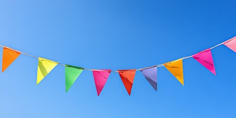Fototapeta premium Vibrant, traditional paper flags are strung together in a bunting, beautifully contrasting against a bright blue sky on a sunny day filled with festive celebrations.