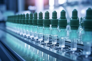 Automated machinery producing medication or vaccine bottles in pharmaceutical factory setting, ensuring quality and efficiency