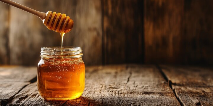 Honey drizzled from a wooden spoon into a jar beautifully displays the rich texture and color of honey, set against a charming rustic wooden background. This image highlights the essence of honey.
