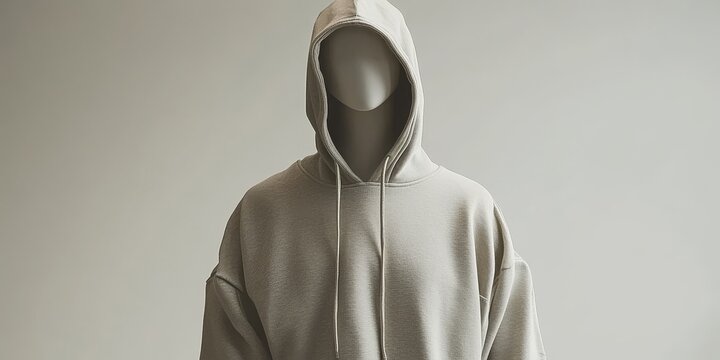 A light gray backdrop features a gray hoodie showcased on a mannequin, emphasizing the garments style against the soft, neutral background.