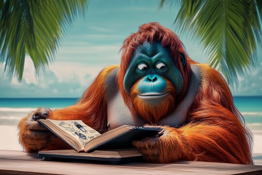 Cartoonish orange monkey is sitting at a table reading a book. The scene is set on a beach, with palm trees in the background. The monkey appears to be enjoying the book