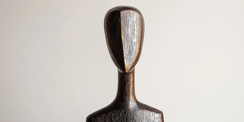 A wooden figure featuring a metallic finish is set against a white backdrop, highlighting its unique texture and distinct appearance.