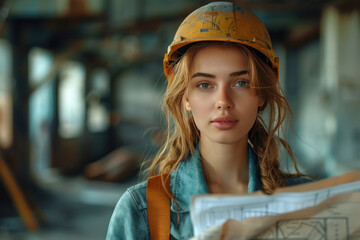 young female engineer in a construction helmet standing at a construction site or industrial area.