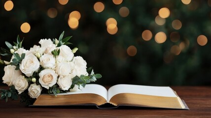 Wedding planning and ceremony. A beautiful open book with a bouquet of white flowers and soft bokeh lights in the background.