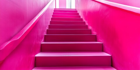 Fototapeta premium A vibrant stairway featuring a stunning pink hue creates an eye catching focal point. This pink stairway offers a unique and artistic perspective perfect for various creative projects.