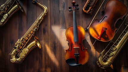 Obraz premium Musical Instruments Arranged On Dark Wooden Floor