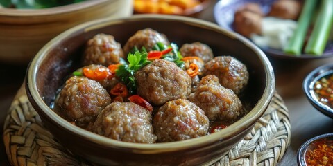 Delicious meatballs, also known as Bakso, crafted from finely minced beef and tapioca flour. The art of food preparation brings these tasty meatballs to life for all to enjoy.